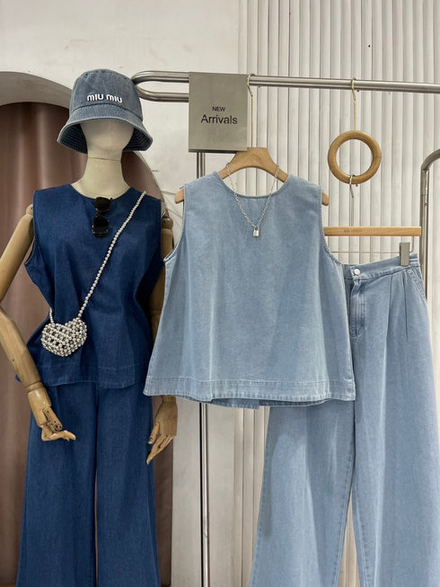Denim Round Neck Pleated Back Tops with Trousers Sets